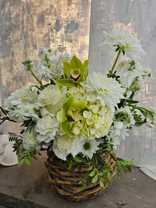 White and Green Basket Arrangement